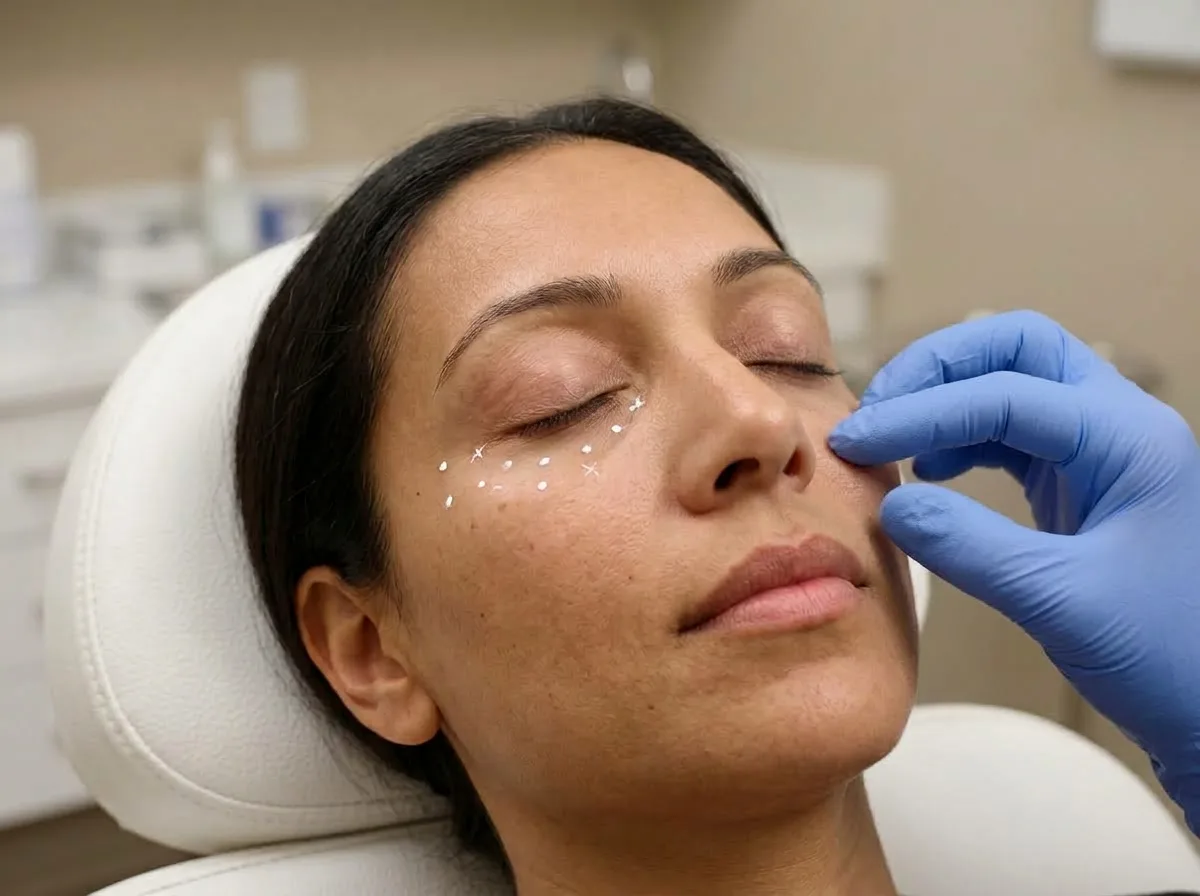 Marcação da região abaixo dos olhos para preenchimento de olheiras
